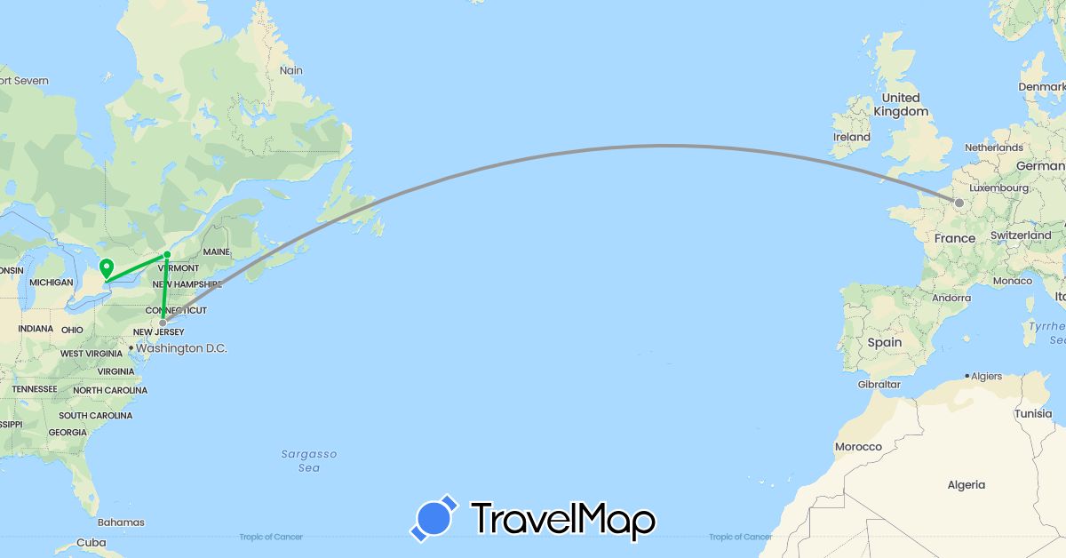 TravelMap itinerary: driving, bus, plane in Canada, France, United States (Europe, North America)
